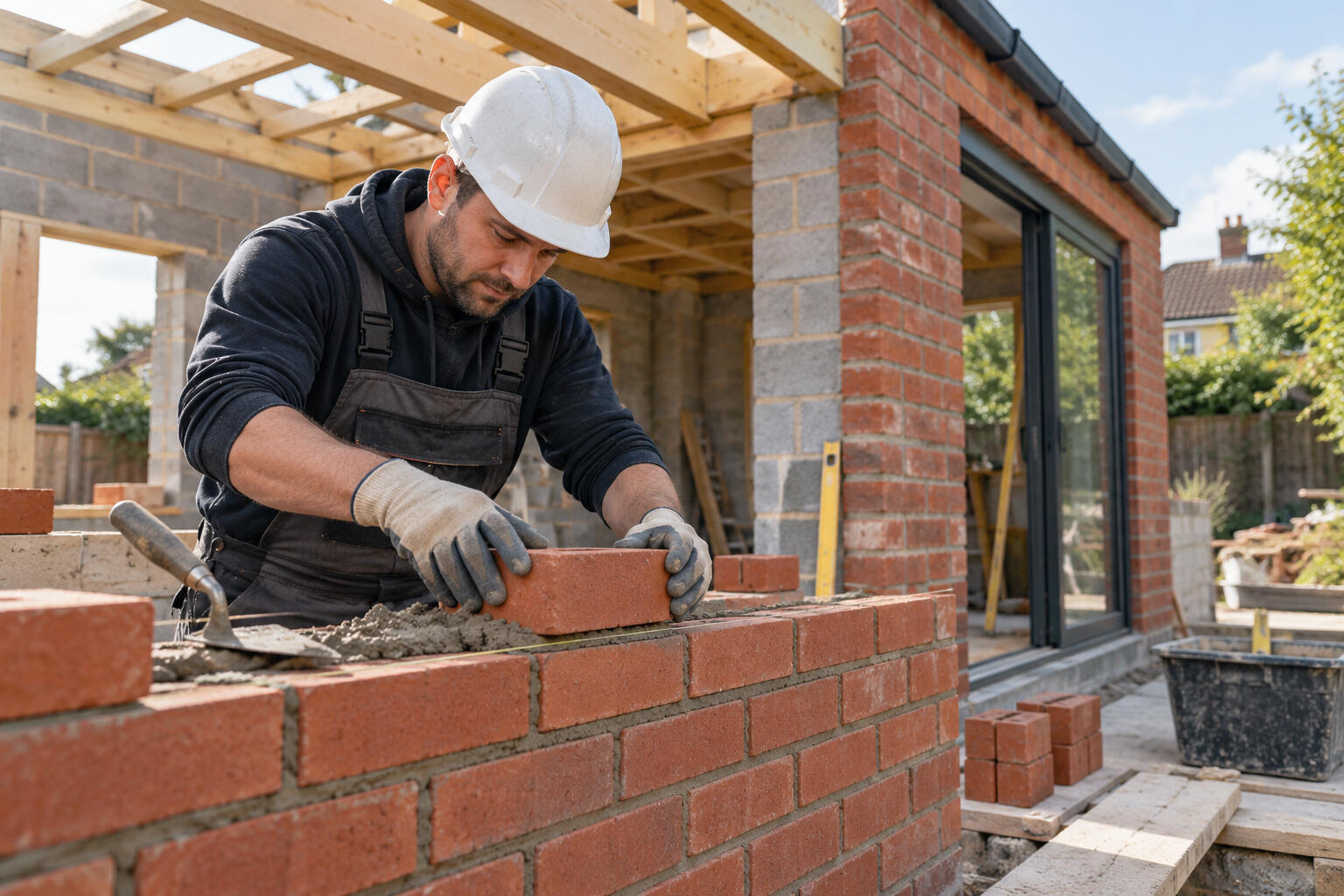 AI-generated illustrative builder laying red bricks at a residential extension.